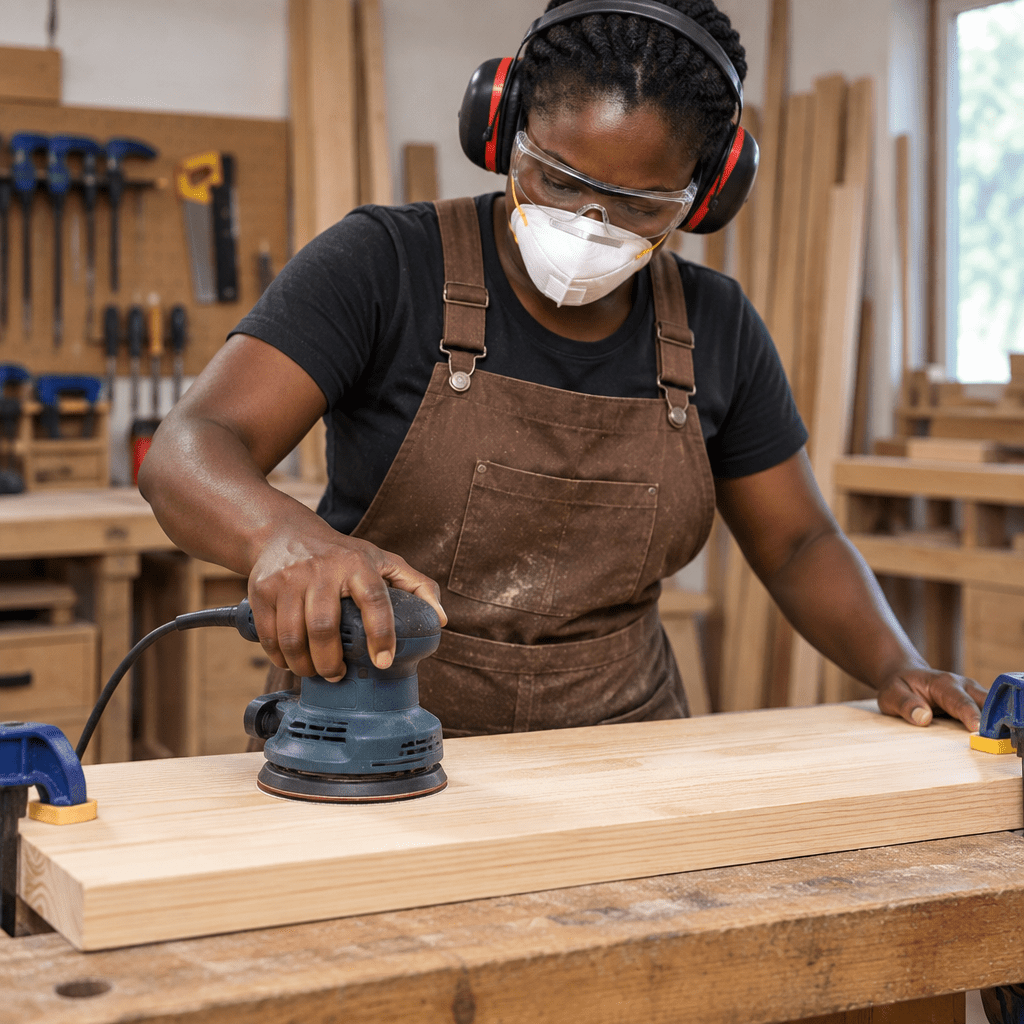 Black carpenter sanding clamped wood with an orbital sander