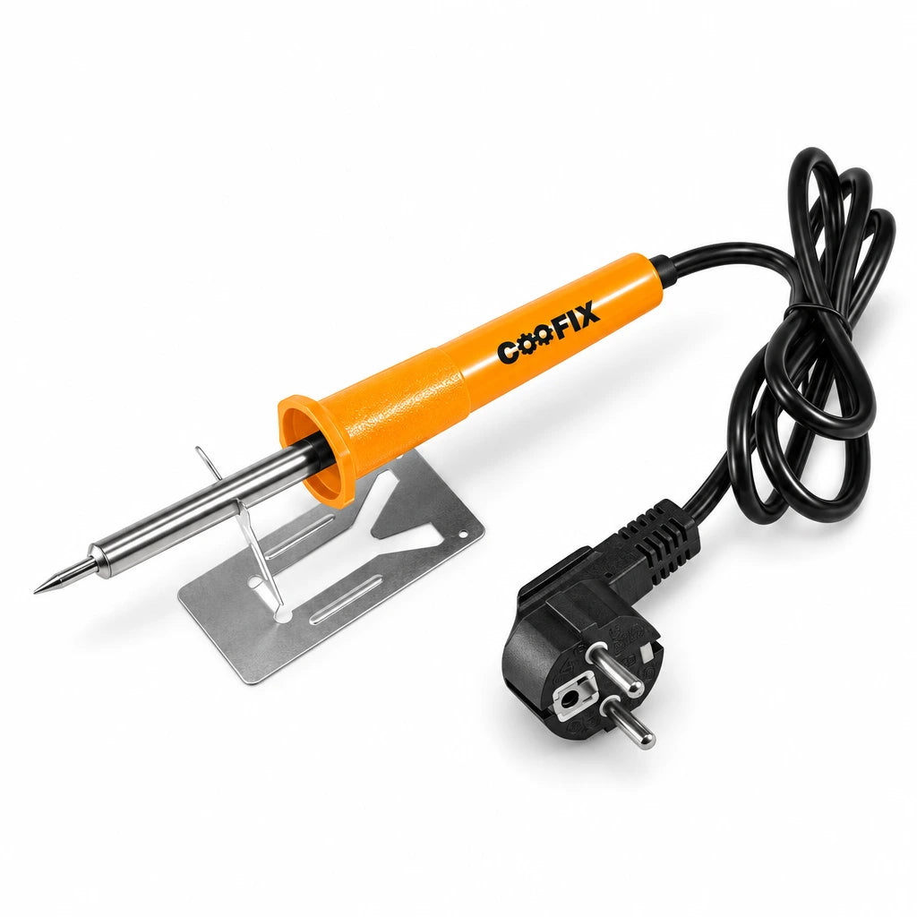 Coofix orange 40 watt soldering iron with metal rest stand, cable and European plug on a white background