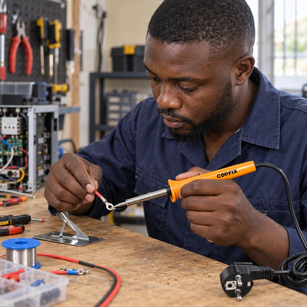 Ghanaian technician using a Coofix 40 watt soldering iron on a small electrical wire repair at a workbench