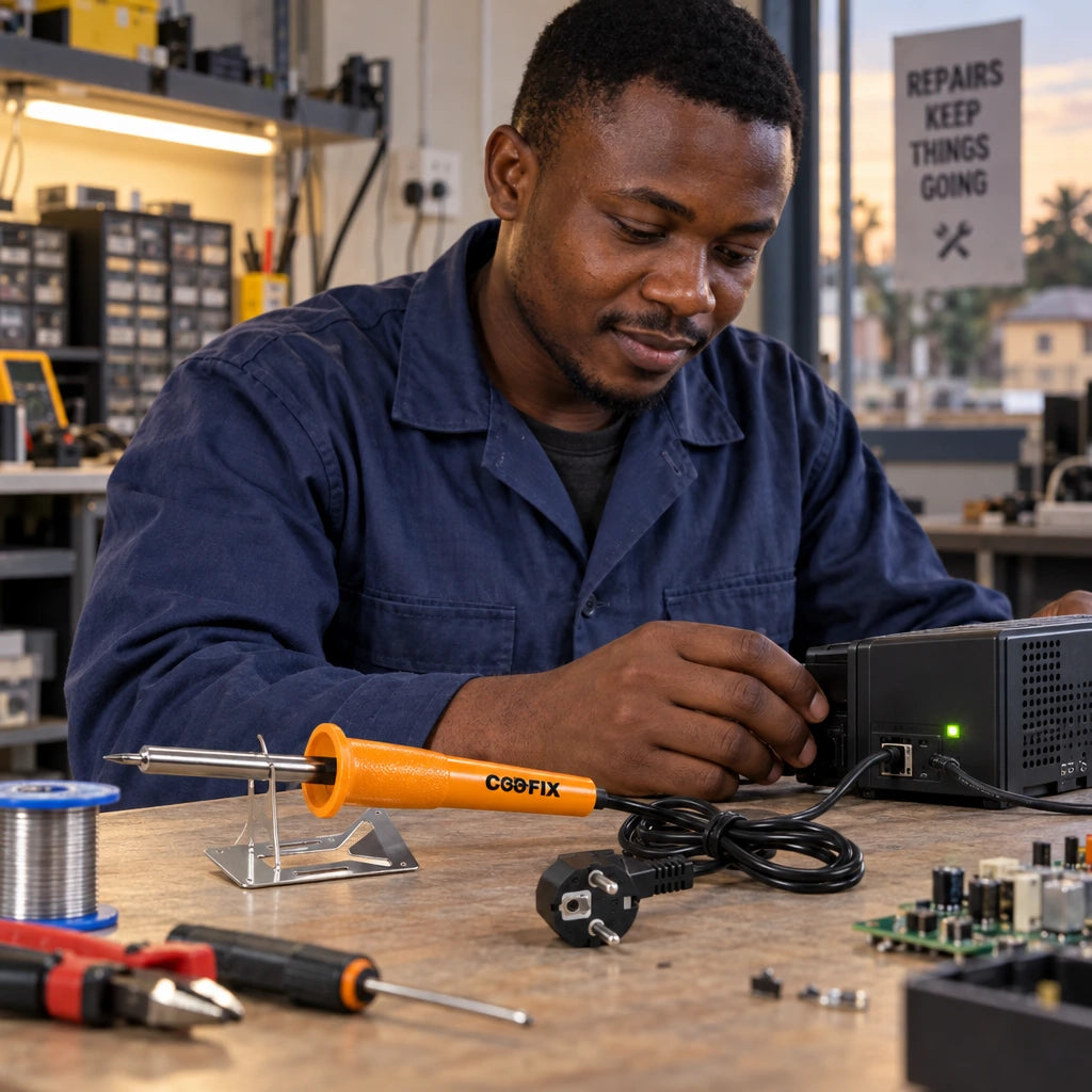 Ghanaian electronics technician testing a repaired device beside a Coofix orange soldering iron in its stand