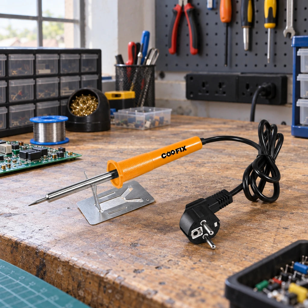 Coofix orange soldering iron resting on its metal stand at an electronics repair workshop bench