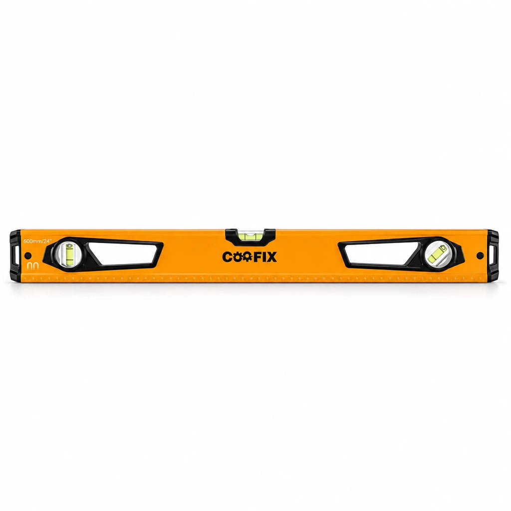 Coofix 60 cm orange magnetic aluminium spirit level with three vials on a white background