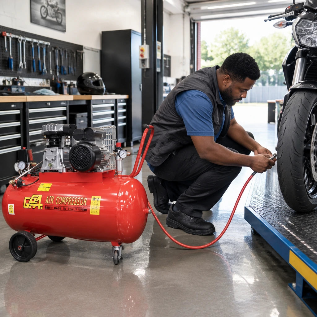 African American motorcycle technician using a GGA LT100C air compressor with a compatible inflator to service a motorcycle tyre.