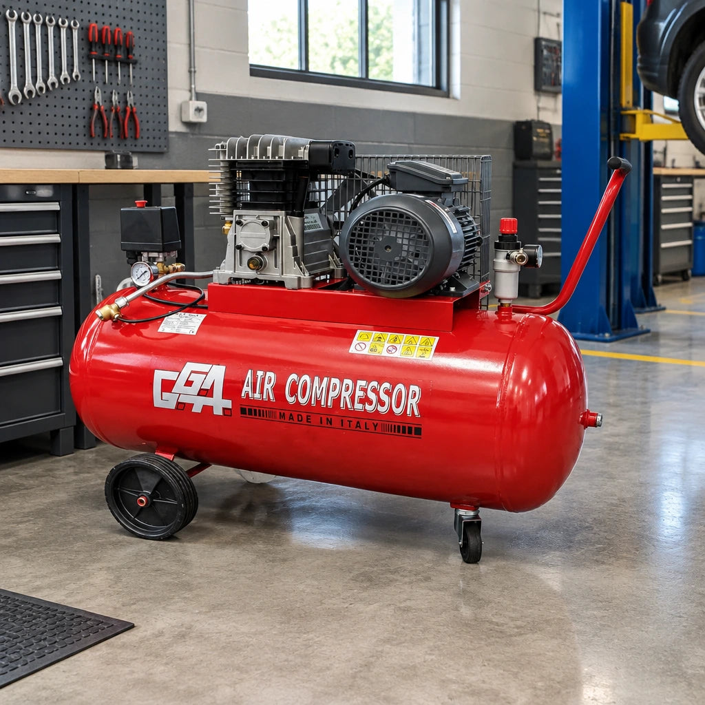 GGA 270L air compressor parked beside an organised automotive workshop service bay
