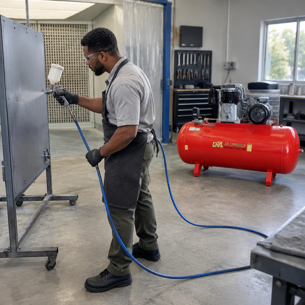 African American production technician using pneumatic spray equipment supplied by a GGA LT500 compressor to coat a metal panel