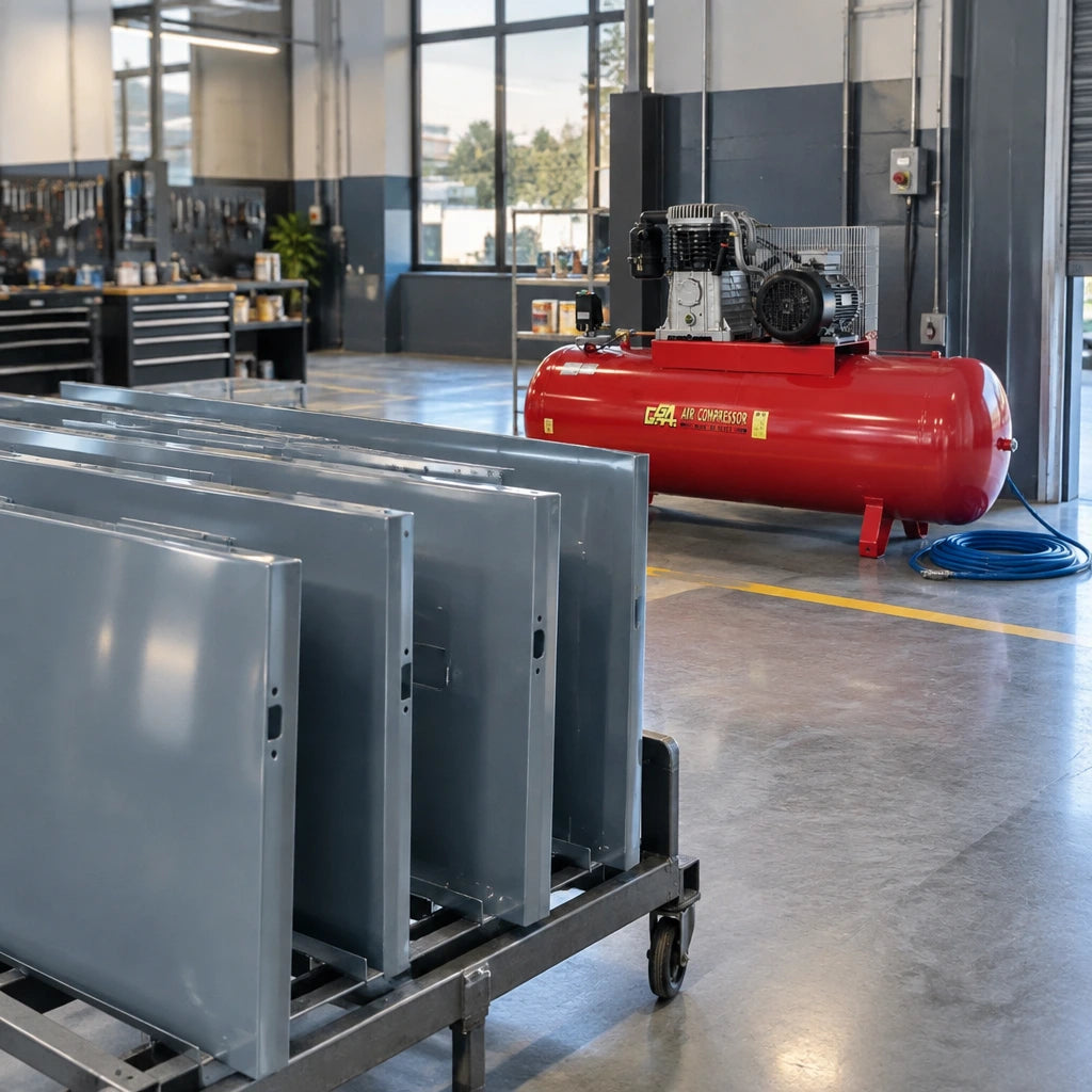 Completed coated metal panels ready for inspection beside a GGA LT500 industrial air compressor in a fabrication workshop