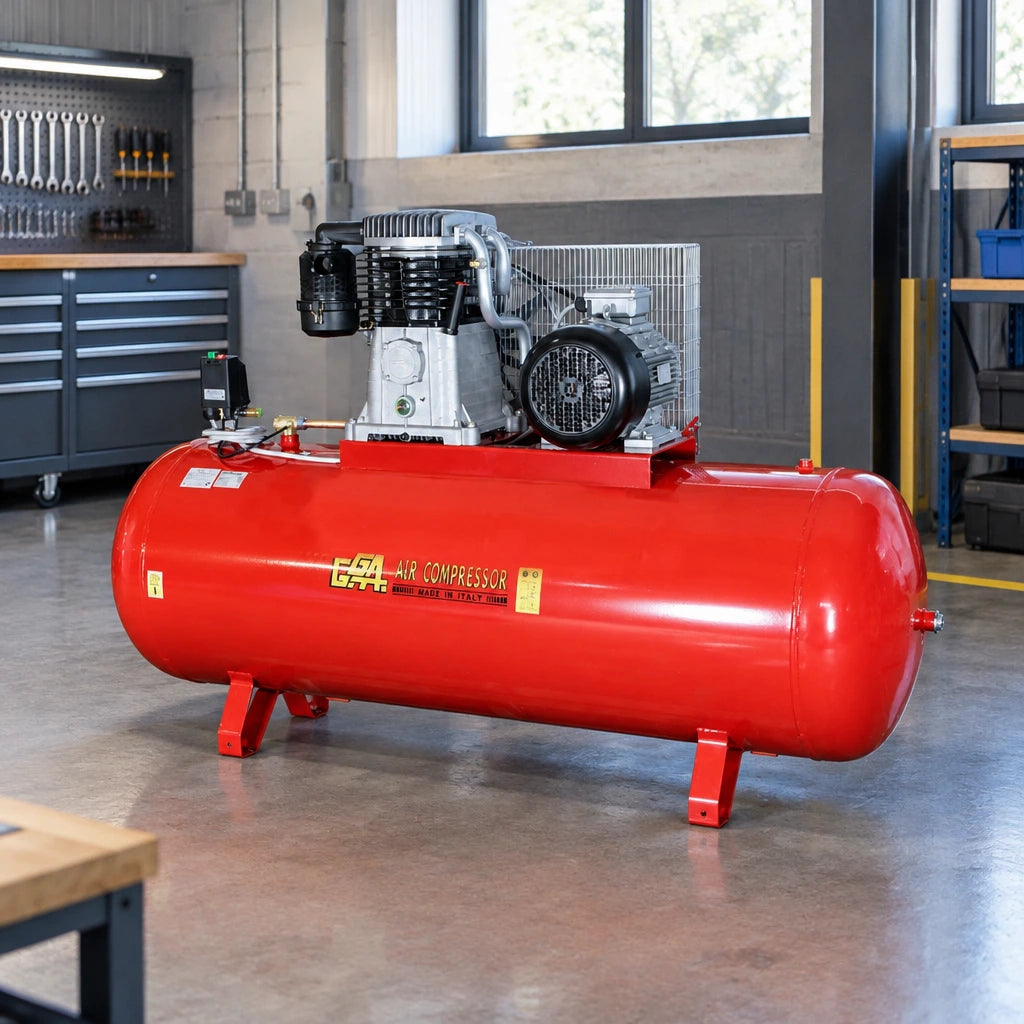 GGA LT500 industrial air compressor resting in a designated utility area of a clean metal-finishing workshop