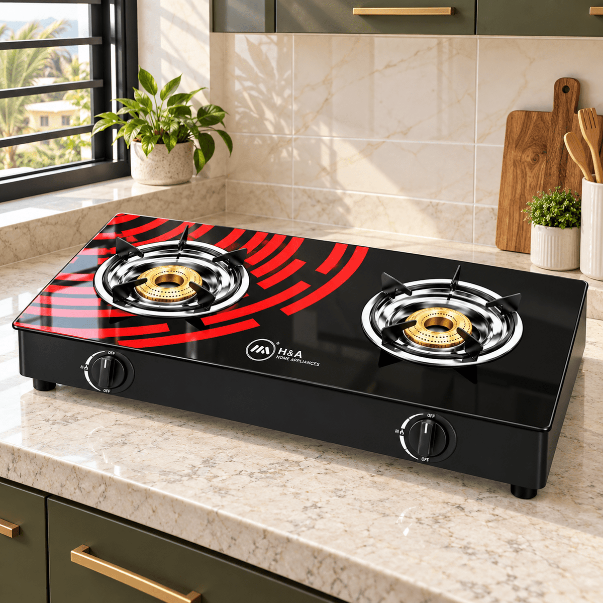 Supply Master H&A 2-Burner Glass-Top Tabletop Gas Stove with Dual Rotary Controls - H&A-GG8112