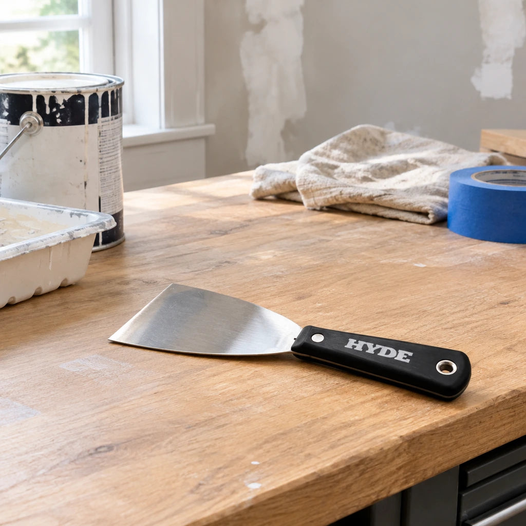 Hyde surface scraper resting on an organised decorating workbench