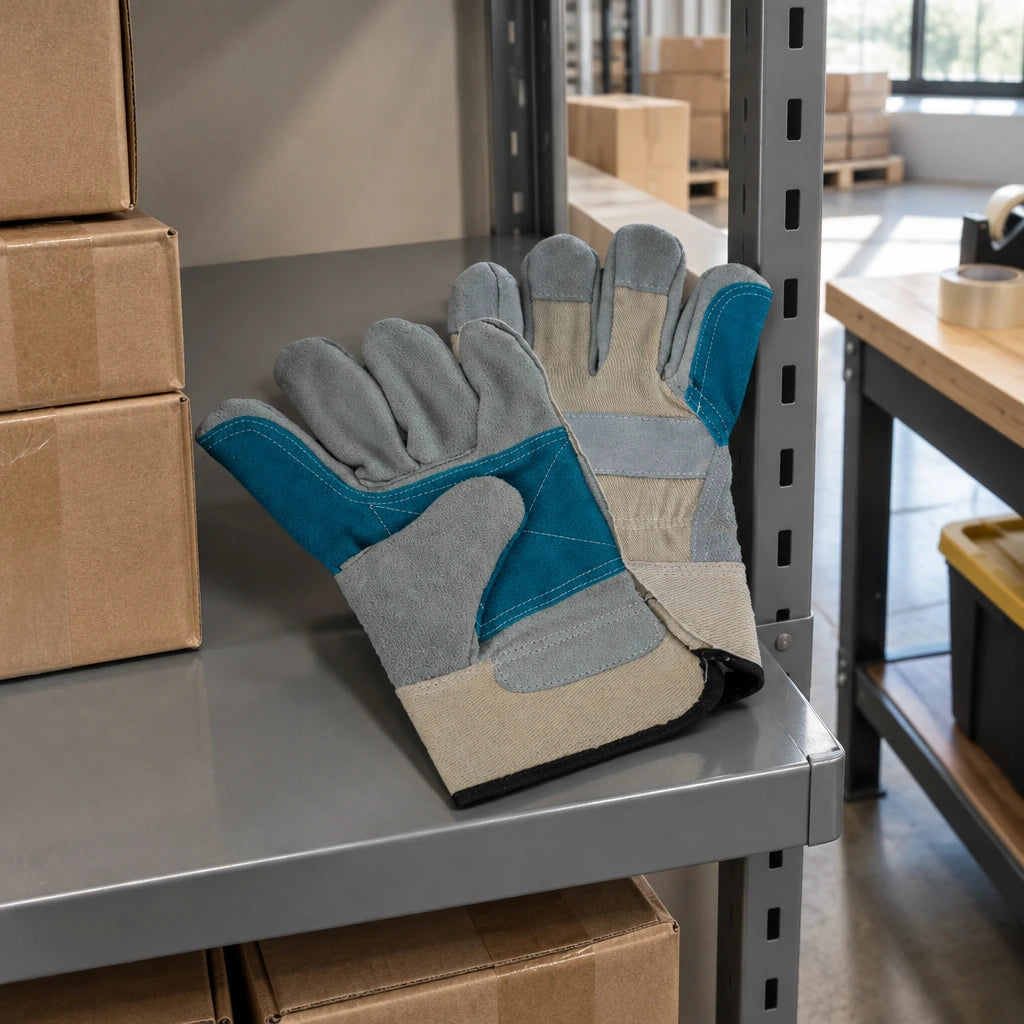 Irona blue and grey leather work gloves resting on a PPE shelf beside cartons in an organised distribution backroom.