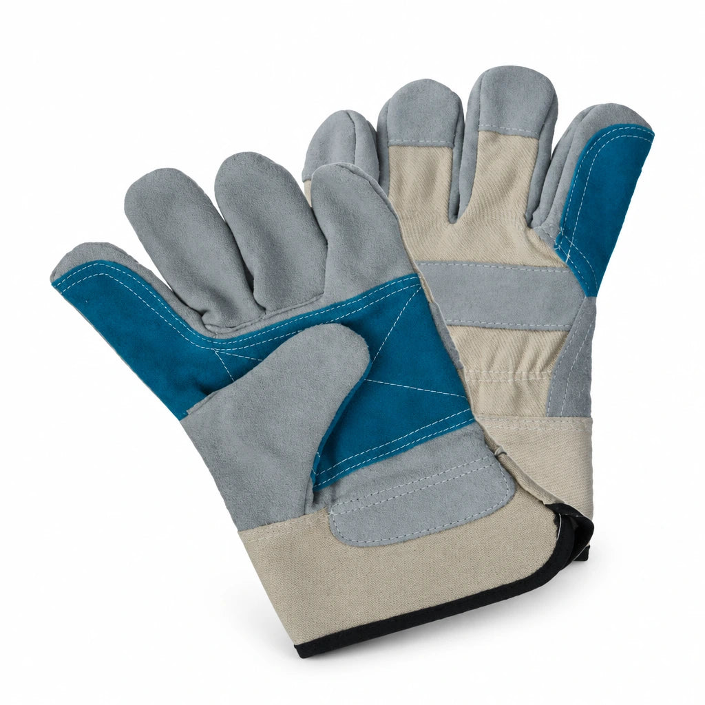 Irona IRO-100 blue and grey 10.5-inch leather work safety gloves on a white background.