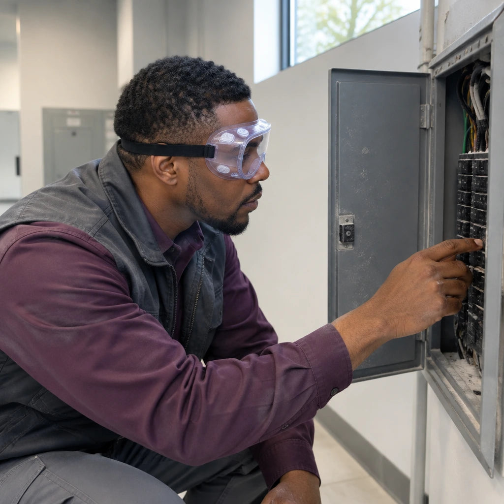 African American maintenance worker wearing clear Irona anti-fog goggles while inspecting a dusty access panel indoors.