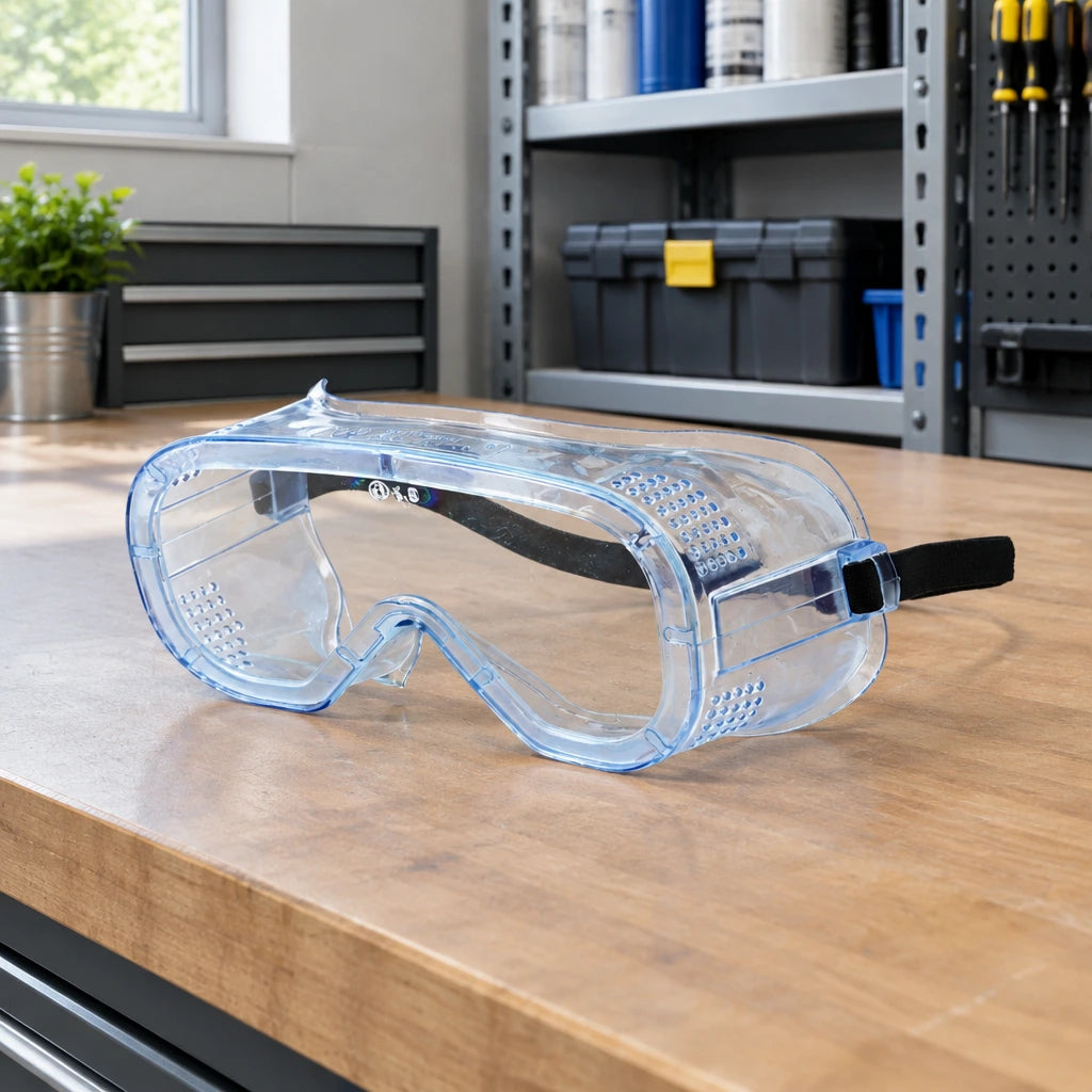 Clear Irona safety goggles resting on a maintenance-room work shelf beside an organised indoor service area.