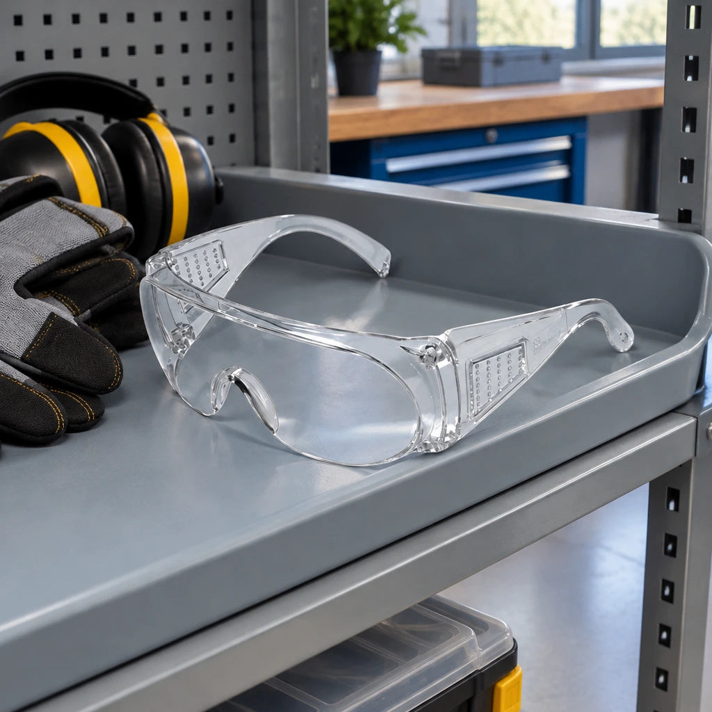 Clear Irona safety goggles resting in an organised workshop PPE tray.