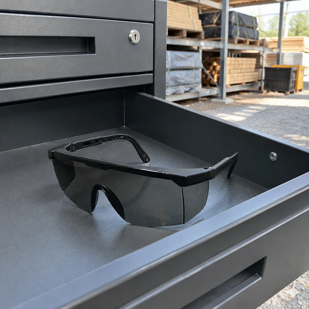 Irona dark-lens safety goggles resting in a PPE drawer at an organised construction material staging area