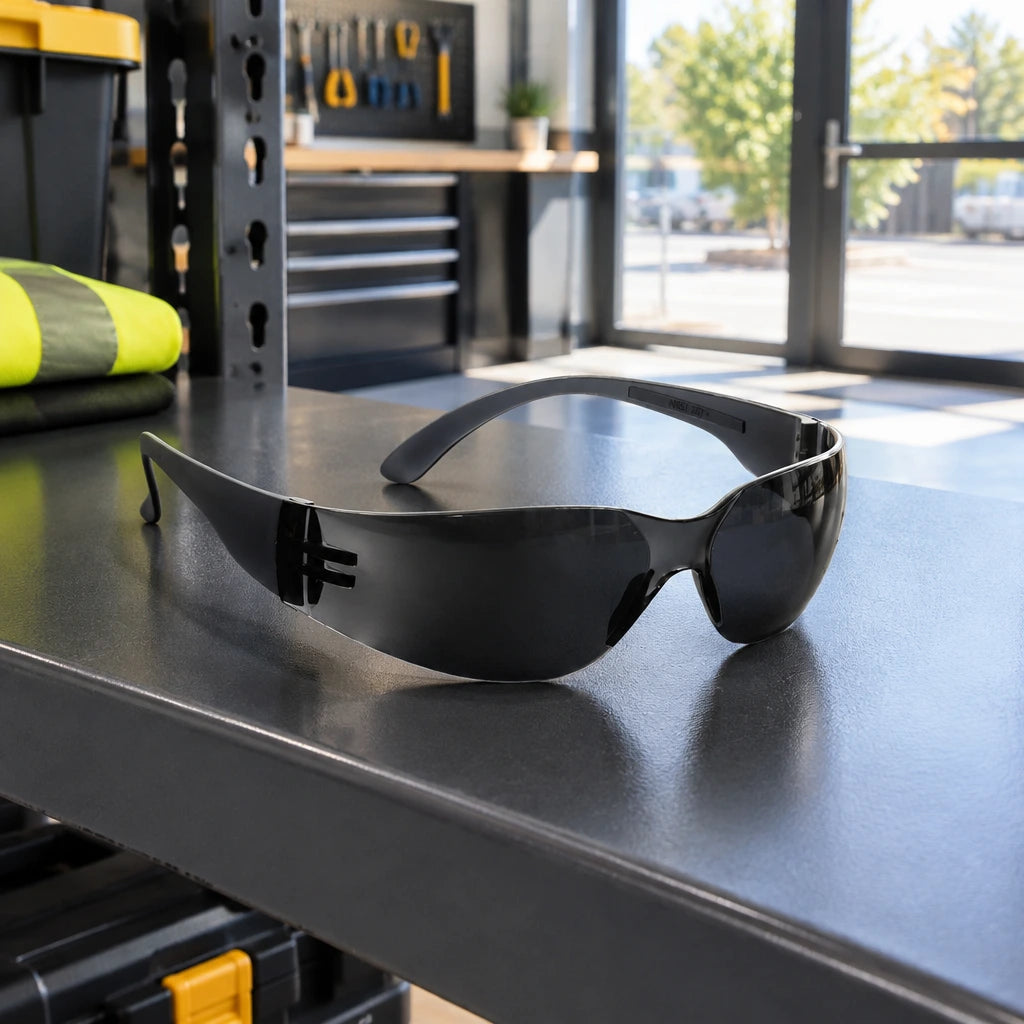 Dark tinted Irona safety goggles resting on a PPE shelf beside a bright facilities service entrance.