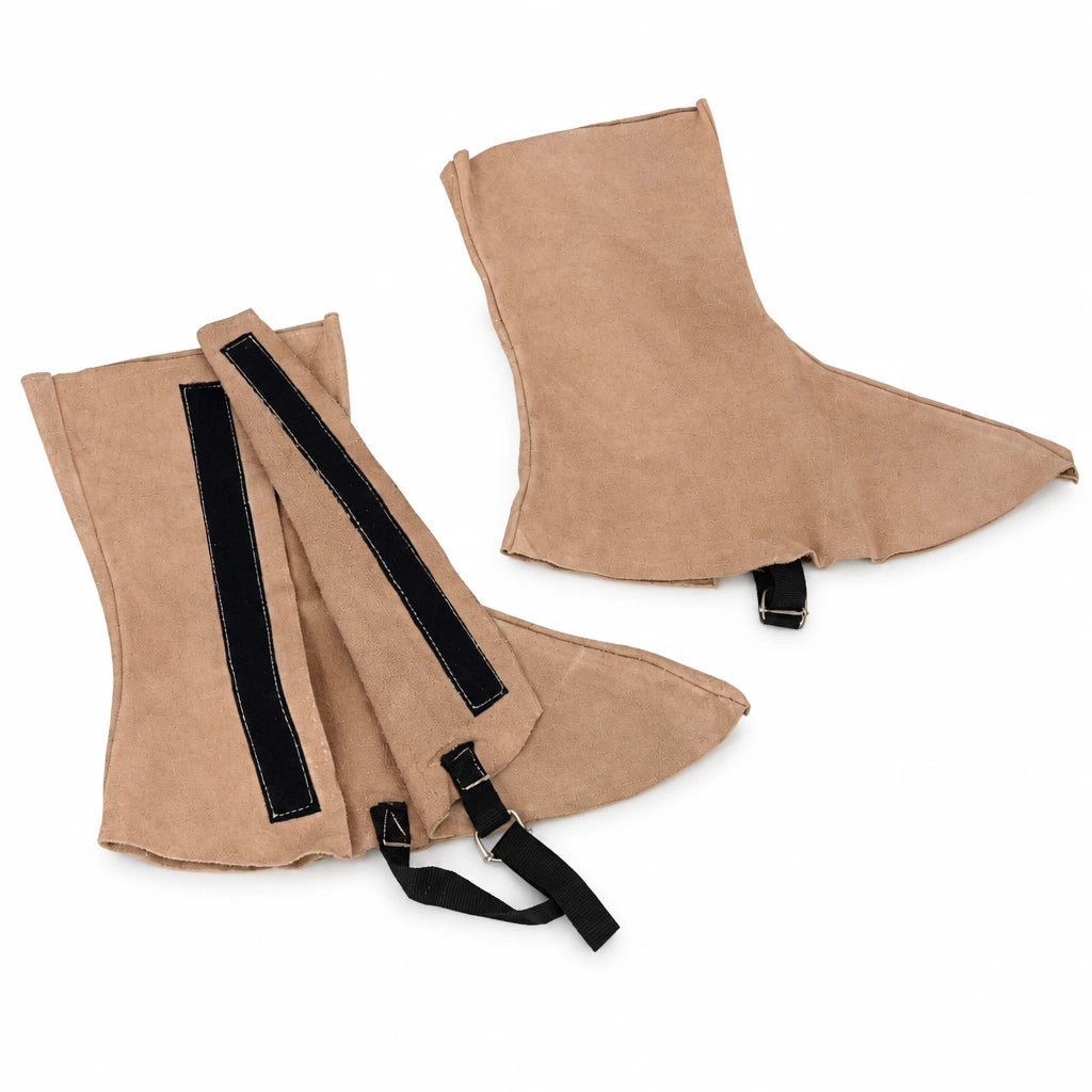 Irona IRO-570 tan leather welding leggings with black straps and buckles on a white background