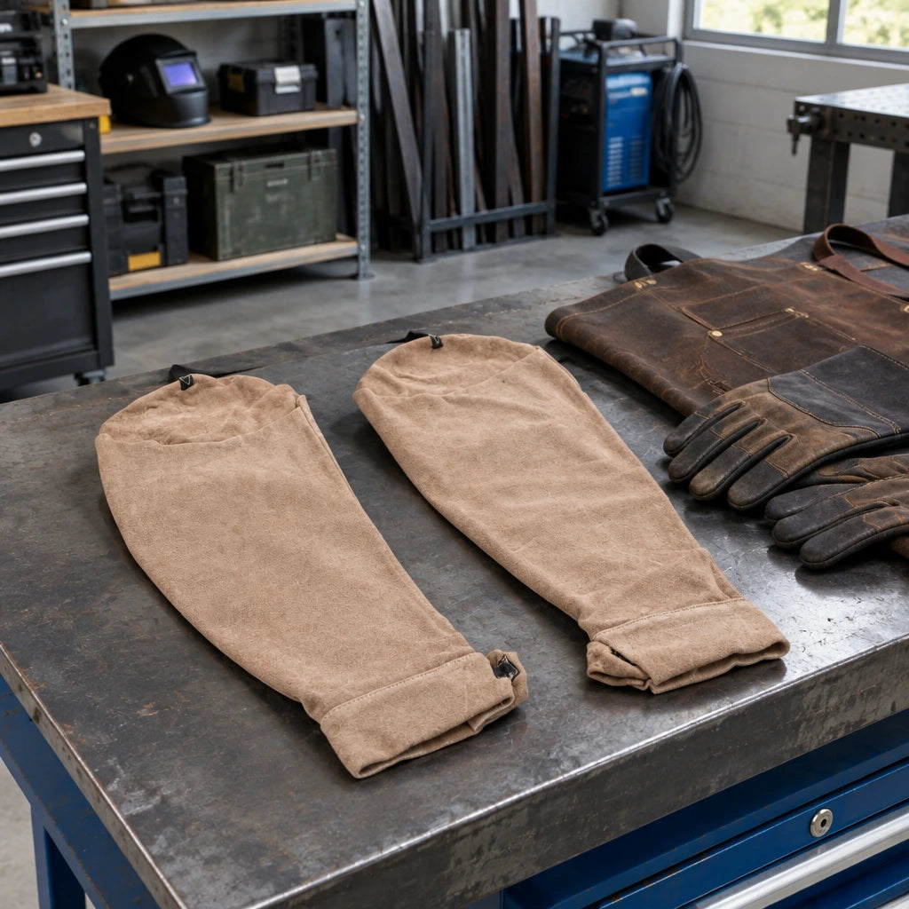 Irona leather welding sleeves resting beside gloves and an apron on a fabrication workshop workbench.