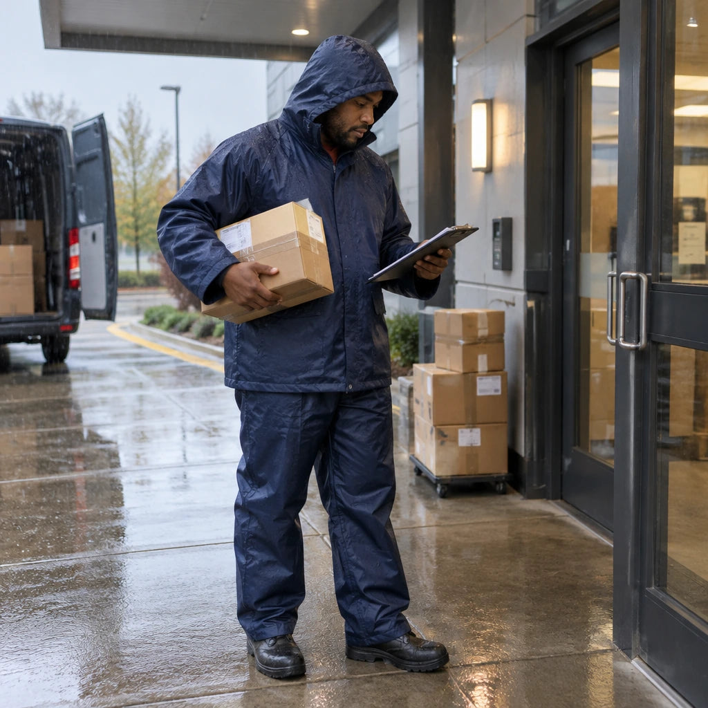 African American delivery worker wearing the Irona navy raincoat and trousers while handling a parcel in the rain.