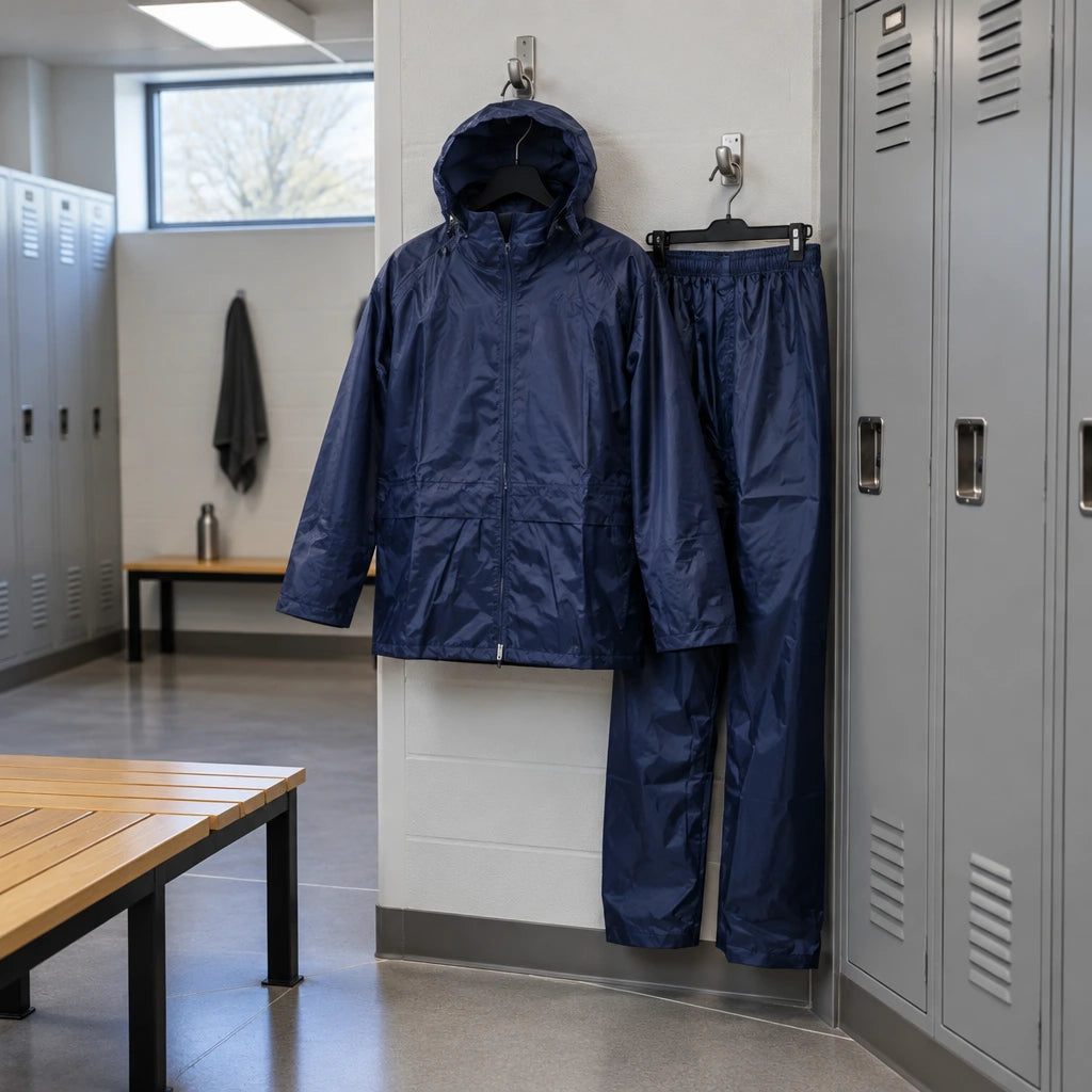 Irona navy raincoat and trousers set hanging ready in an organised commercial maintenance changing area.