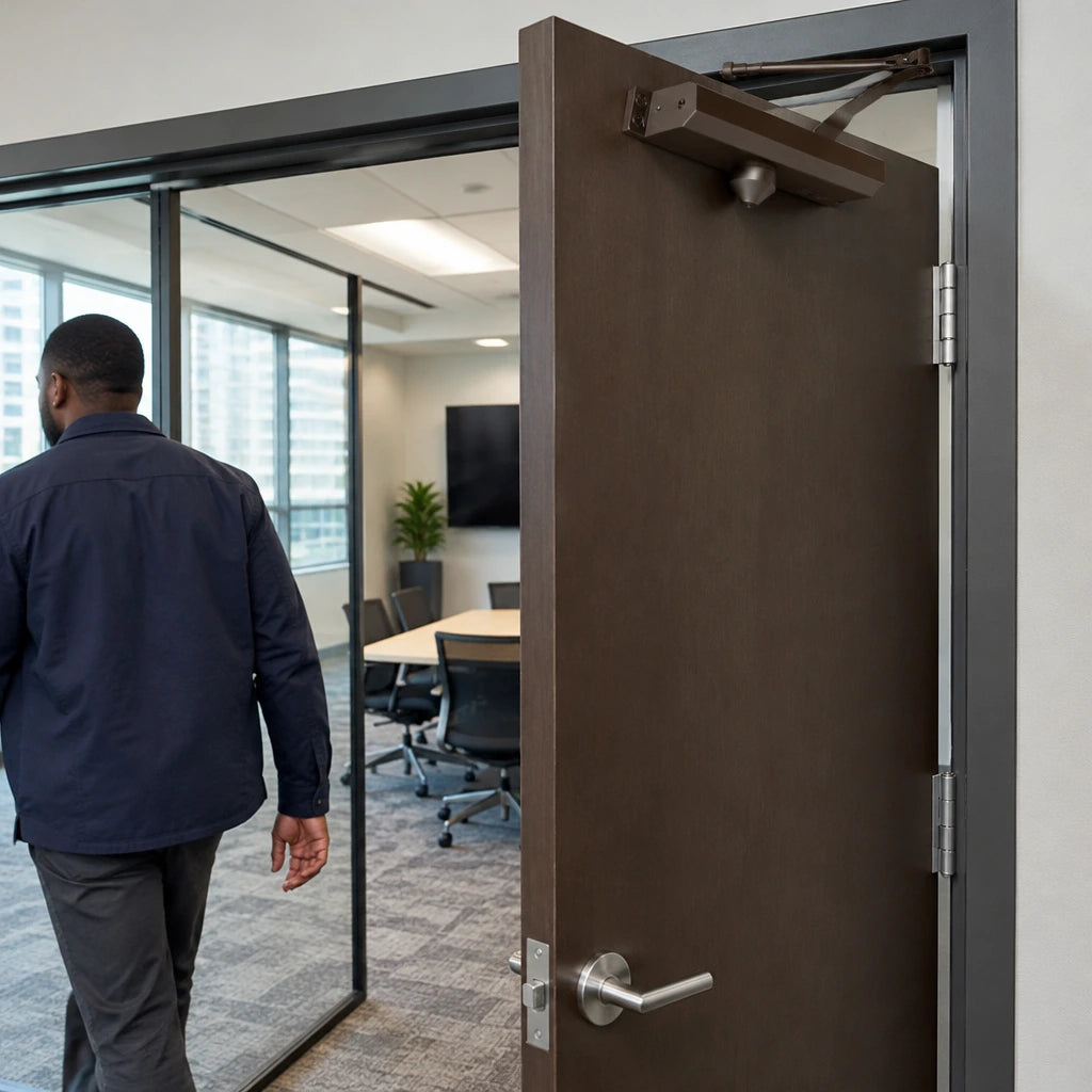 African American facility operator walks away as a brown Irona door closer returns an office door toward closed