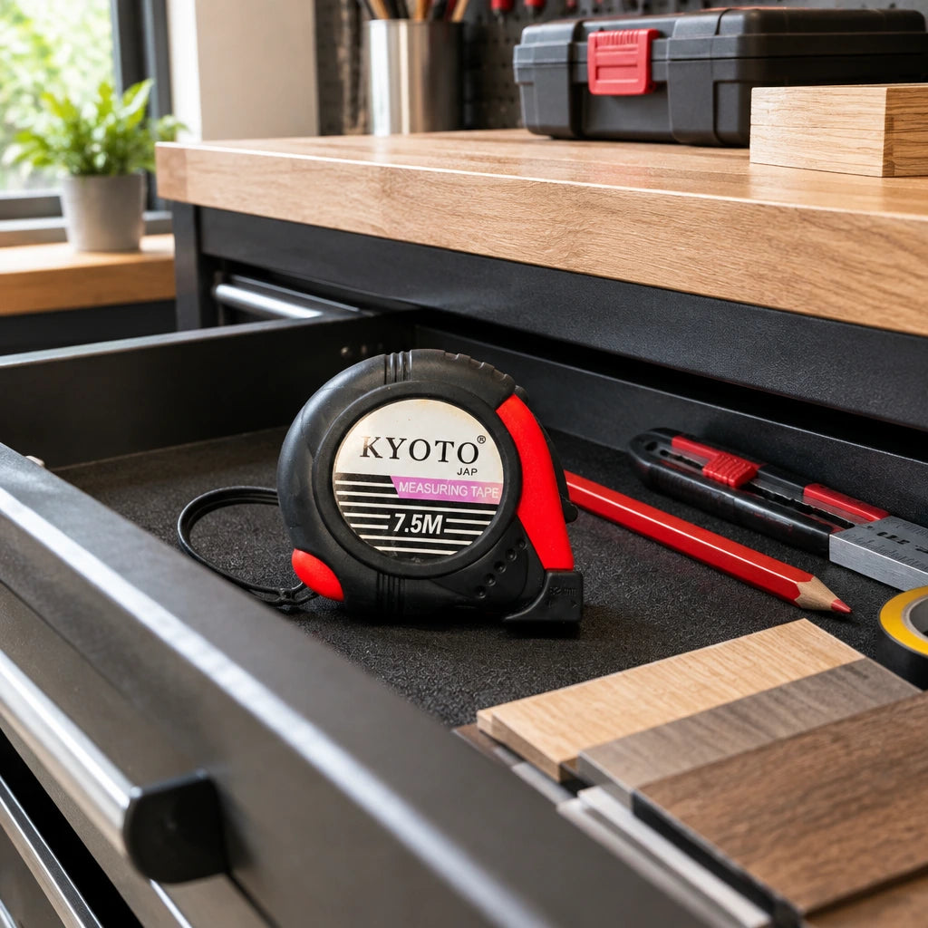 Closed Kyoto 7.5 metre red and black tape measure stored in an organised interior installation workshop drawer