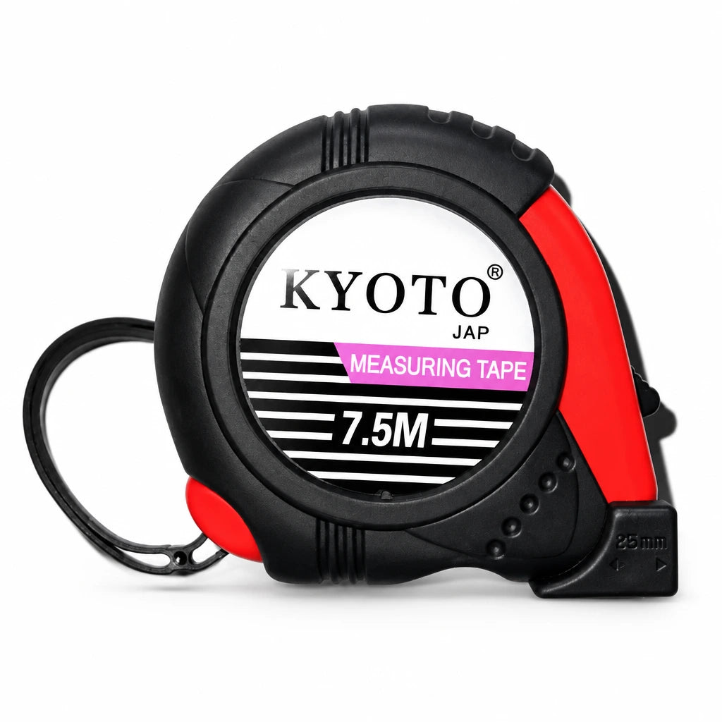 Kyoto red and black 7.5 metre retractable metric tape measure with belt clip and blade hook on white background