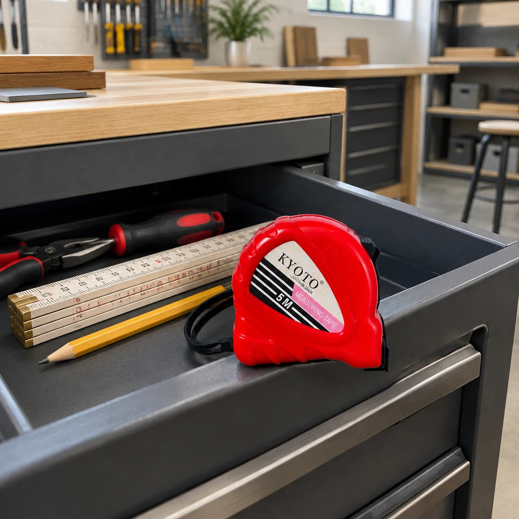 Closed red Kyoto 5M tape measure resting in an organised furniture workshop tool trolley