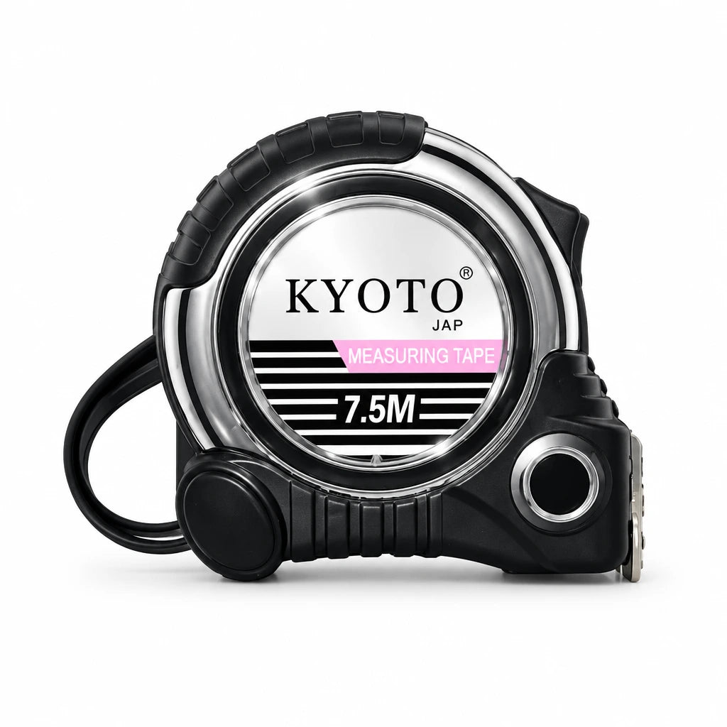 Kyoto silver and black 7.5m retractable metric tape measure on a white background