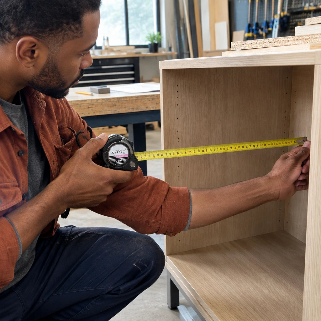 Joiner using a Kyoto 7.5m metric tape measure to measure a cabinet opening in a workshop