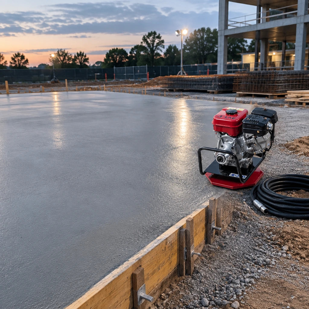 Finished consolidated concrete slab with LAE Exen vibrator drive unit resting beside the construction pour
