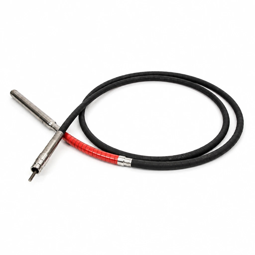 LAE Exen flexible concrete vibrator poker hose with black looped hose, red coupling section and metal poker ends on white