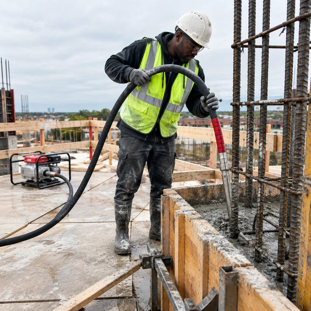 African American concrete operator using an LAE Exen flexible poker hose to consolidate fresh concrete in a reinforced column form