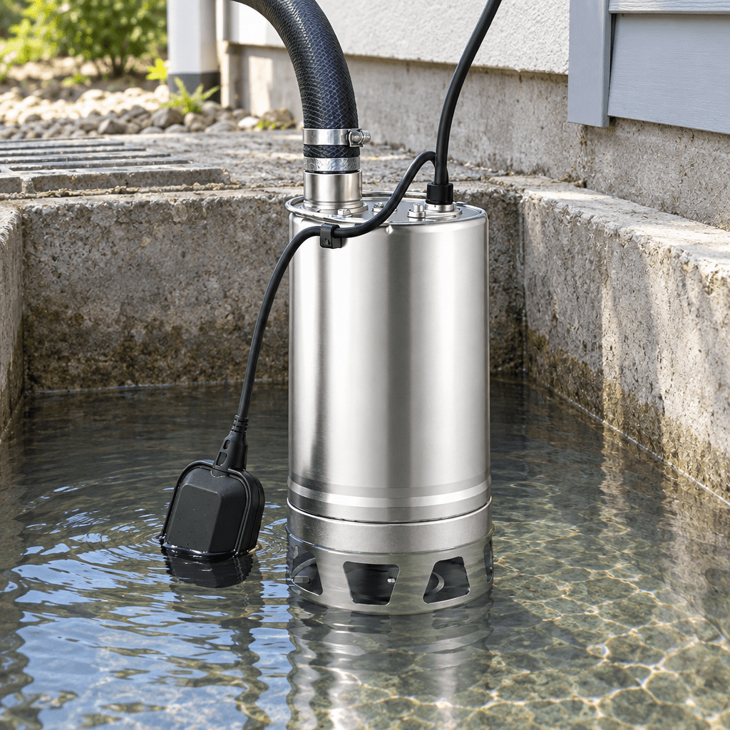 Stainless-steel submersible pump in a concrete drainage sump