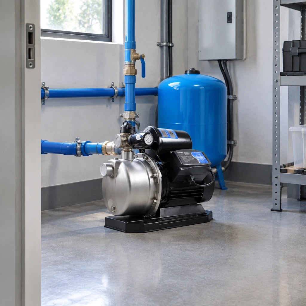 LuckyPro SMP680C water pump resting on its base in a clean small-commercial plant room beside water infrastructure
