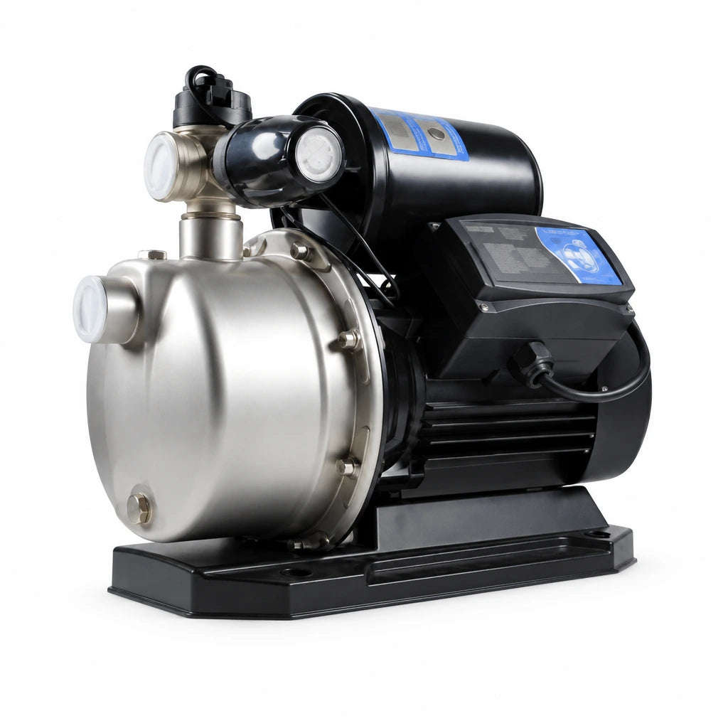 LuckyPro SMP680C 0.9HP stainless steel multistage water pump on a white background with black motor and automatic control unit