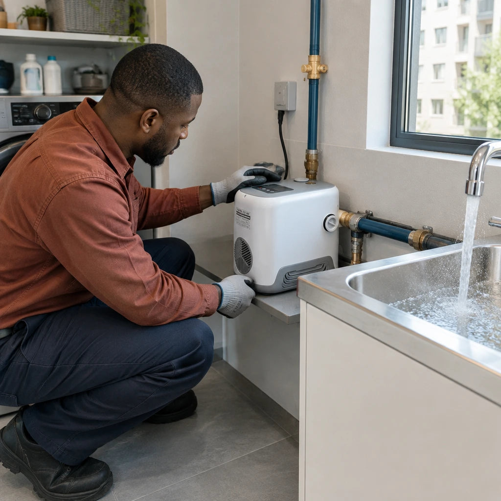 African American maintenance technician checks a LuckyPro IVP water pump as an apartment tap draws water.