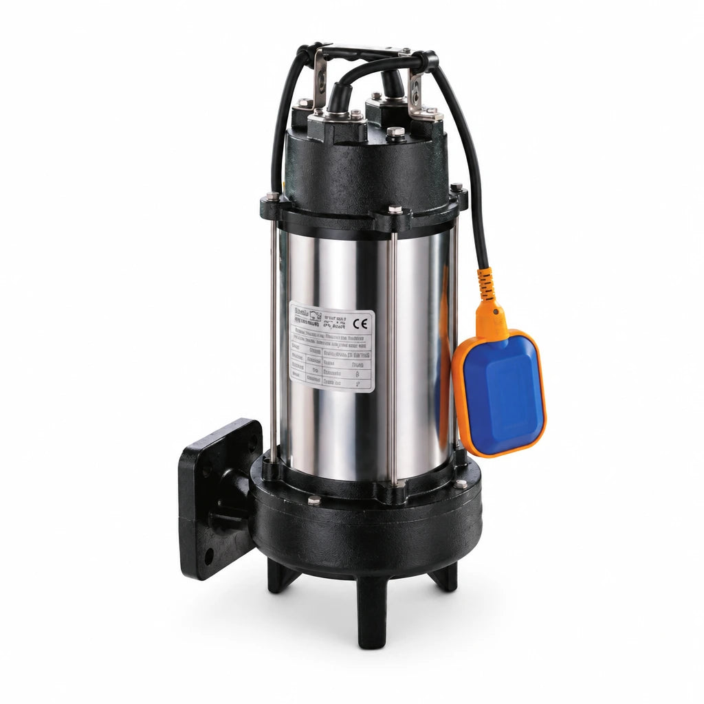 LuckyPro submersible sewage pump with reamer cutter, power cable and orange-blue float switch on white background