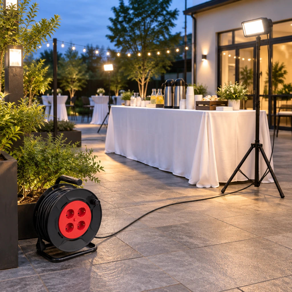 Prepared evening courtyard event area powered by a Major extension cable reel with four outlets