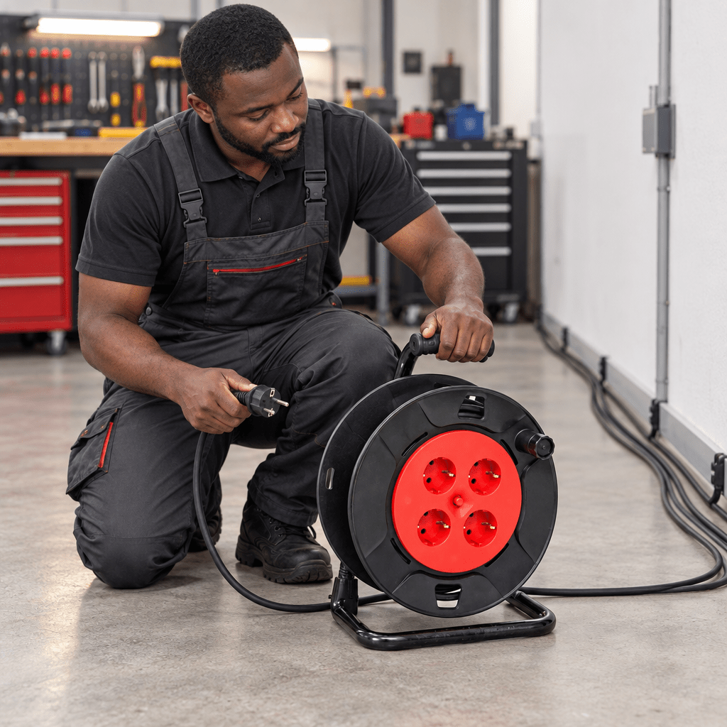 Black technician setting up the unplugged cable reel with its cable unwound