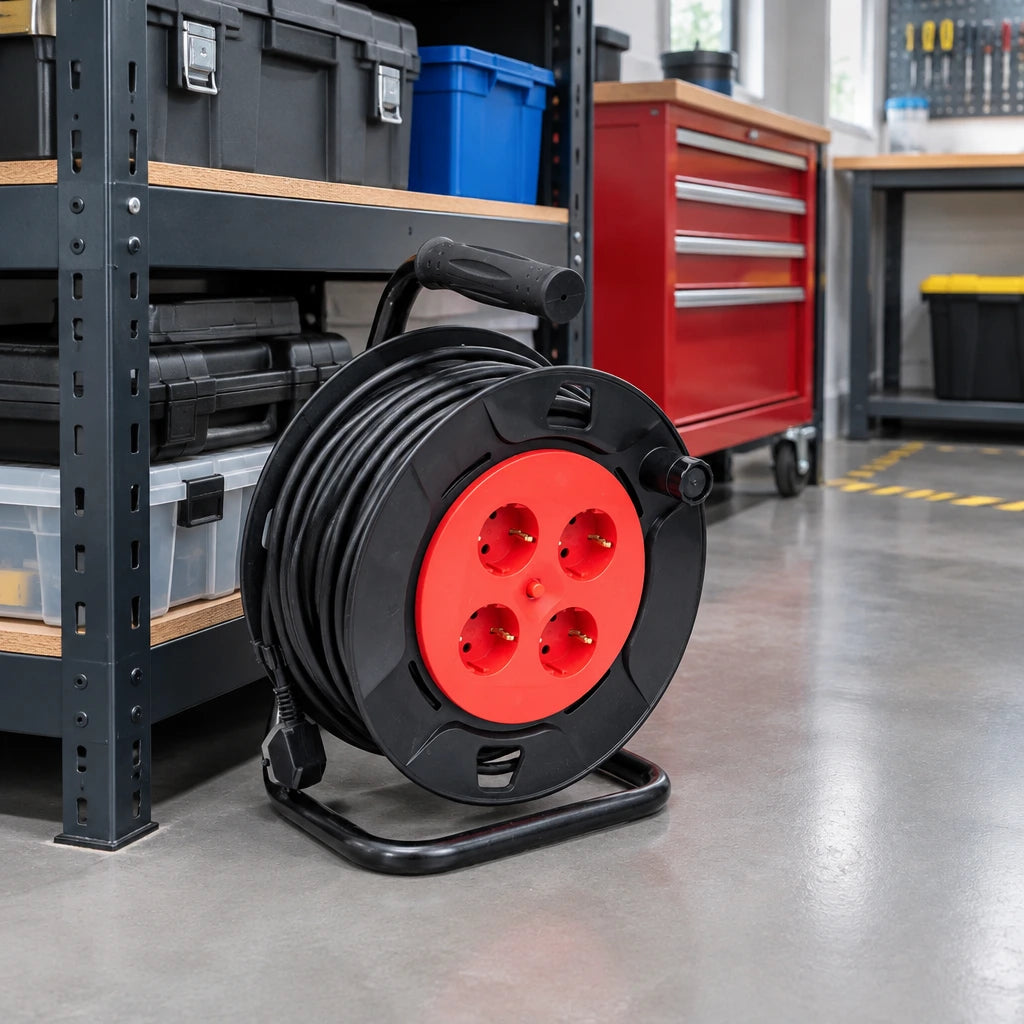 Major four-socket extension cable reel stored fully wound on its frame in an organised maintenance workshop