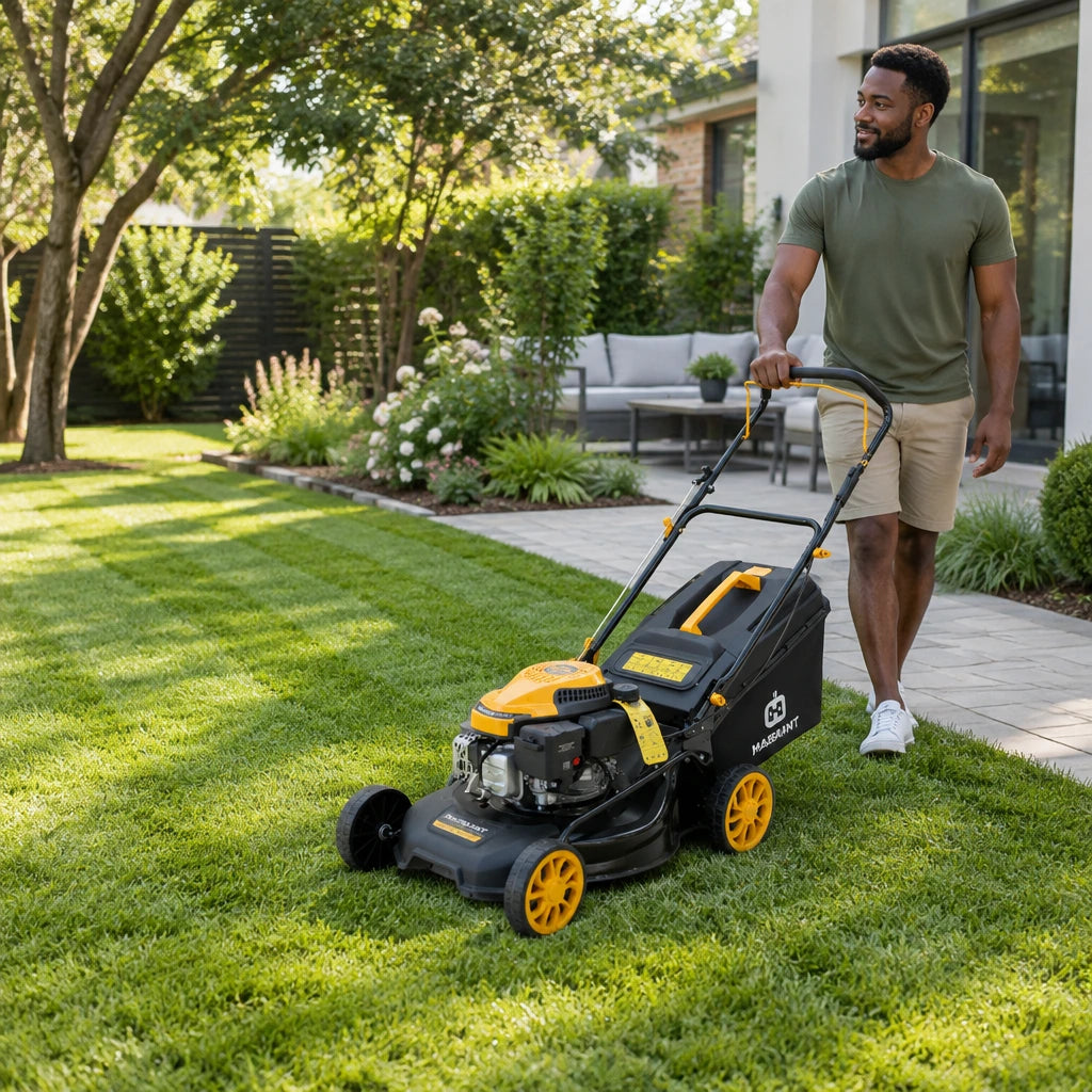 Even residential lawn ready for outdoor use with the Marsant push mower resting at the freshly cut edge