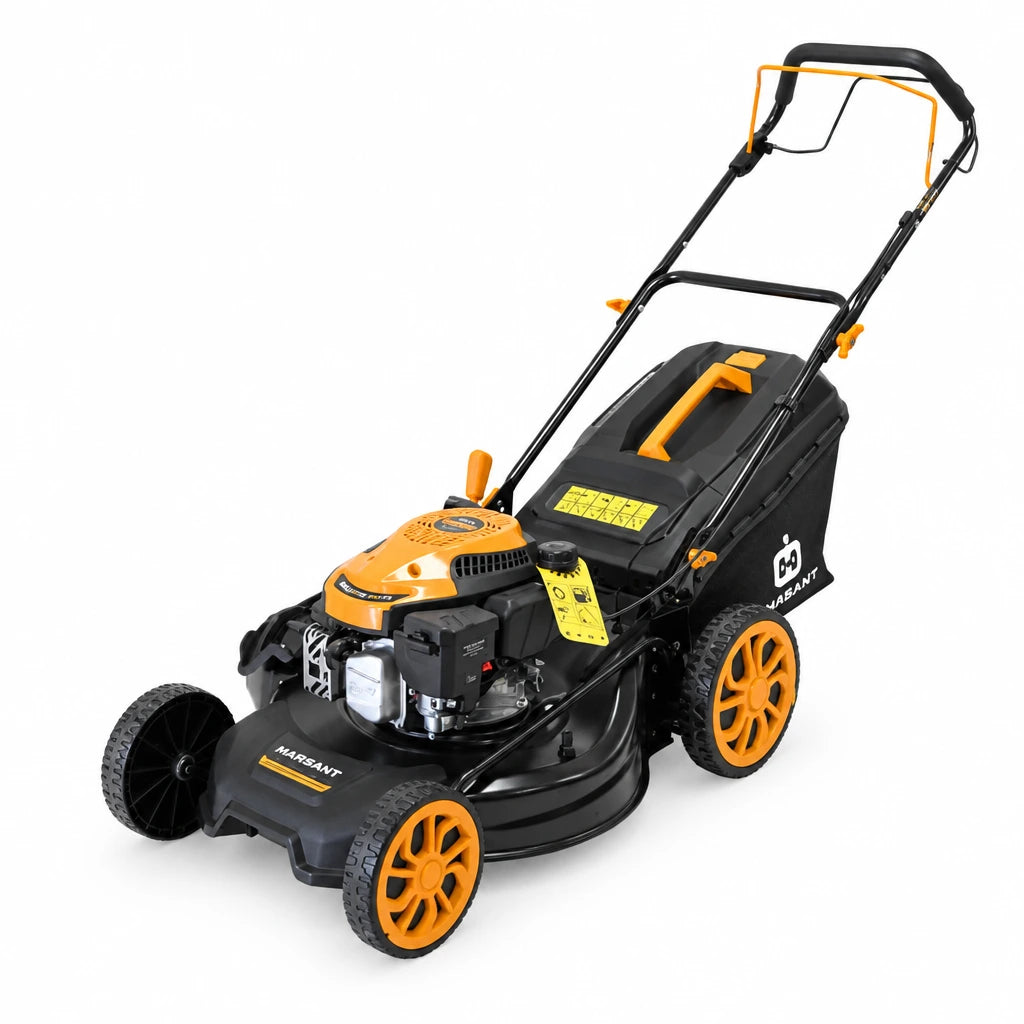 Marsant RMS51Q-V170 black and orange self-propelled gasoline lawn mower with rear grass collector on white background