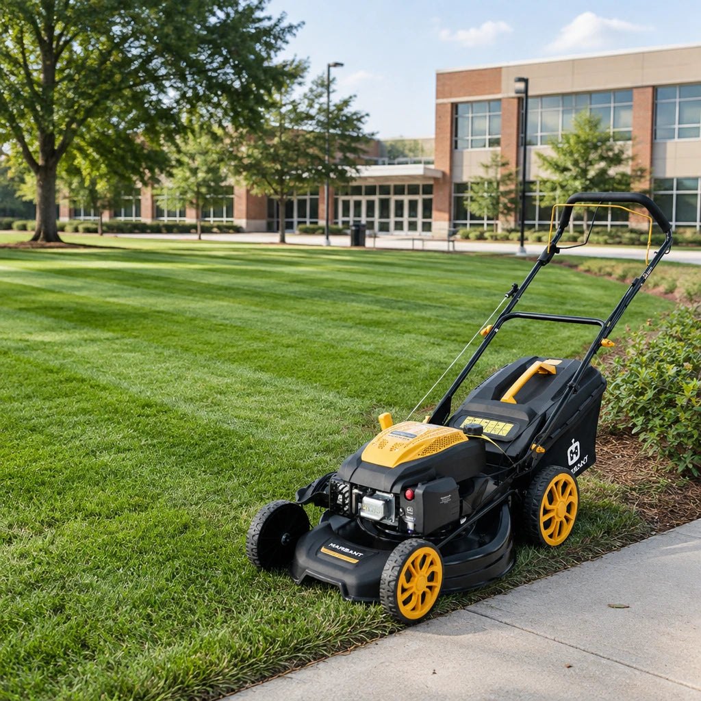 Even institutional lawn ready for use with a Marsant self-propelled mower parked at the freshly cut edge