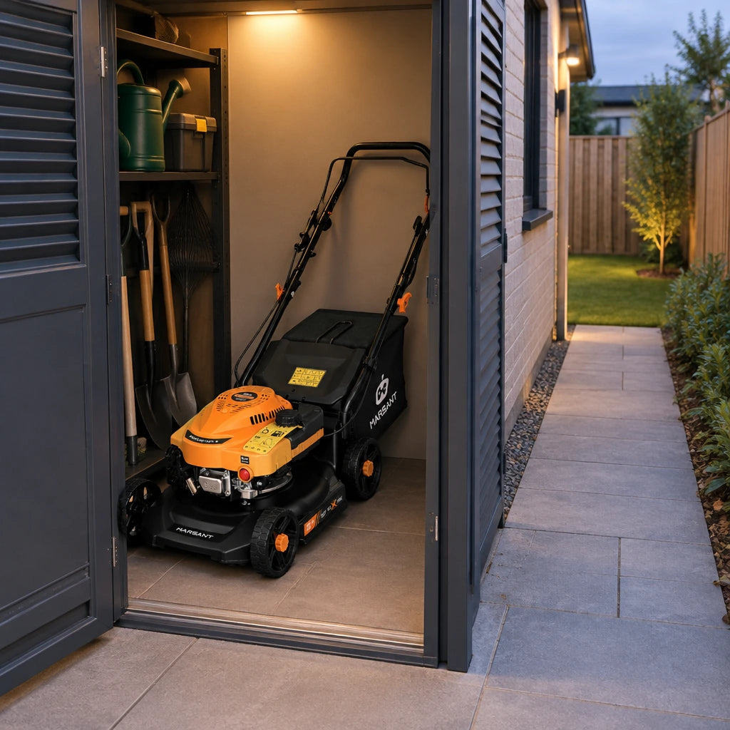 Marsant push lawn mower stored in a ventilated townhouse garden cupboard beside a narrow lawn