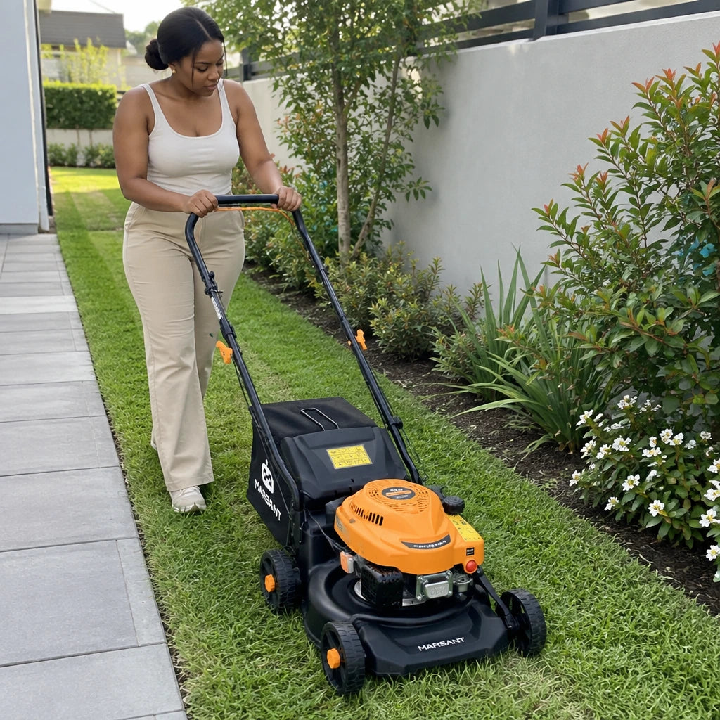 African American homeowner pushes a Marsant 80cc lawn mower along a narrow townhouse garden lawn