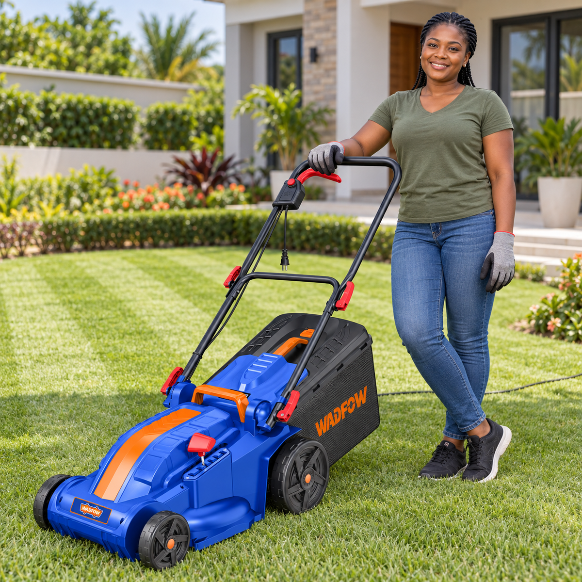 Wadfow Electric Lawn Mower 1600W with Grass Bag & 380mm Cutting Width - WEN3805