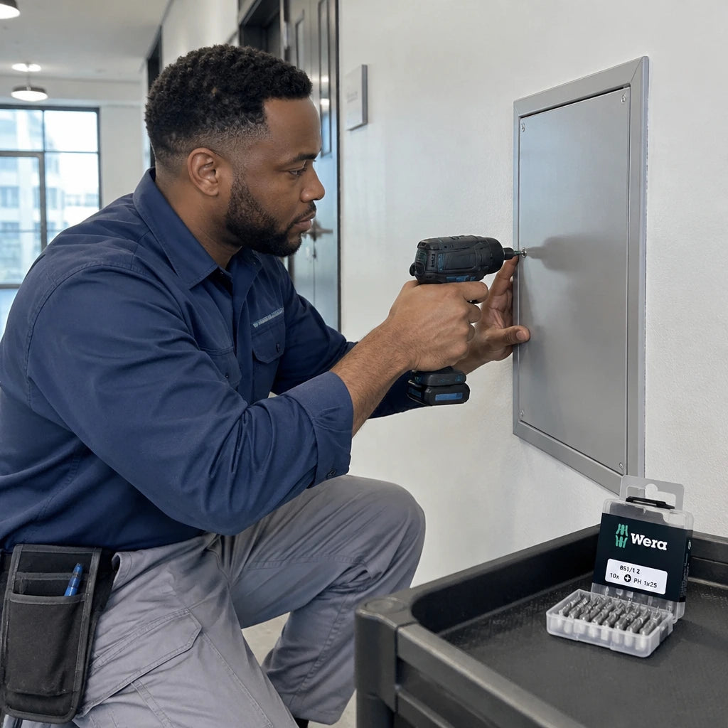 Maintenance installer uses a Wera PH1 bit in a cordless screwdriver to secure a service-cabinet access cover