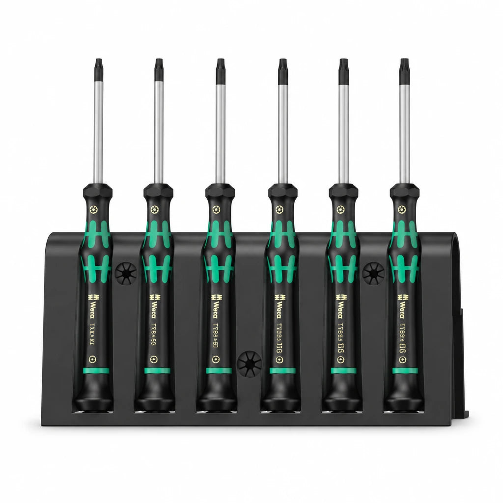 Wera 6-piece 2067/6 TORX BO precision screwdriver set with six security TORX drivers in black storage rack on white background