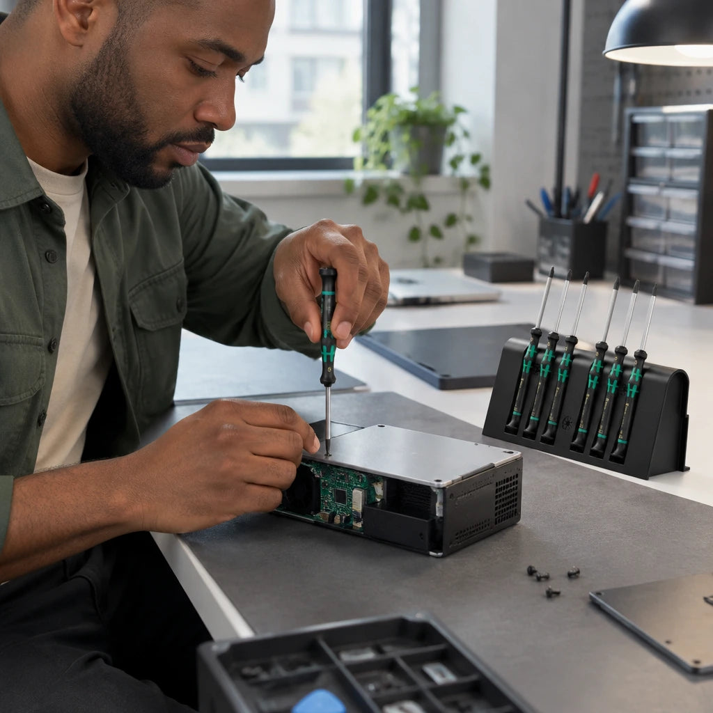 African American equipment technician using a Wera security TORX precision screwdriver on a compact electronic housing at a repair bench